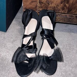 Black Bow-Accent Satin Lace-Up Sandals - Women